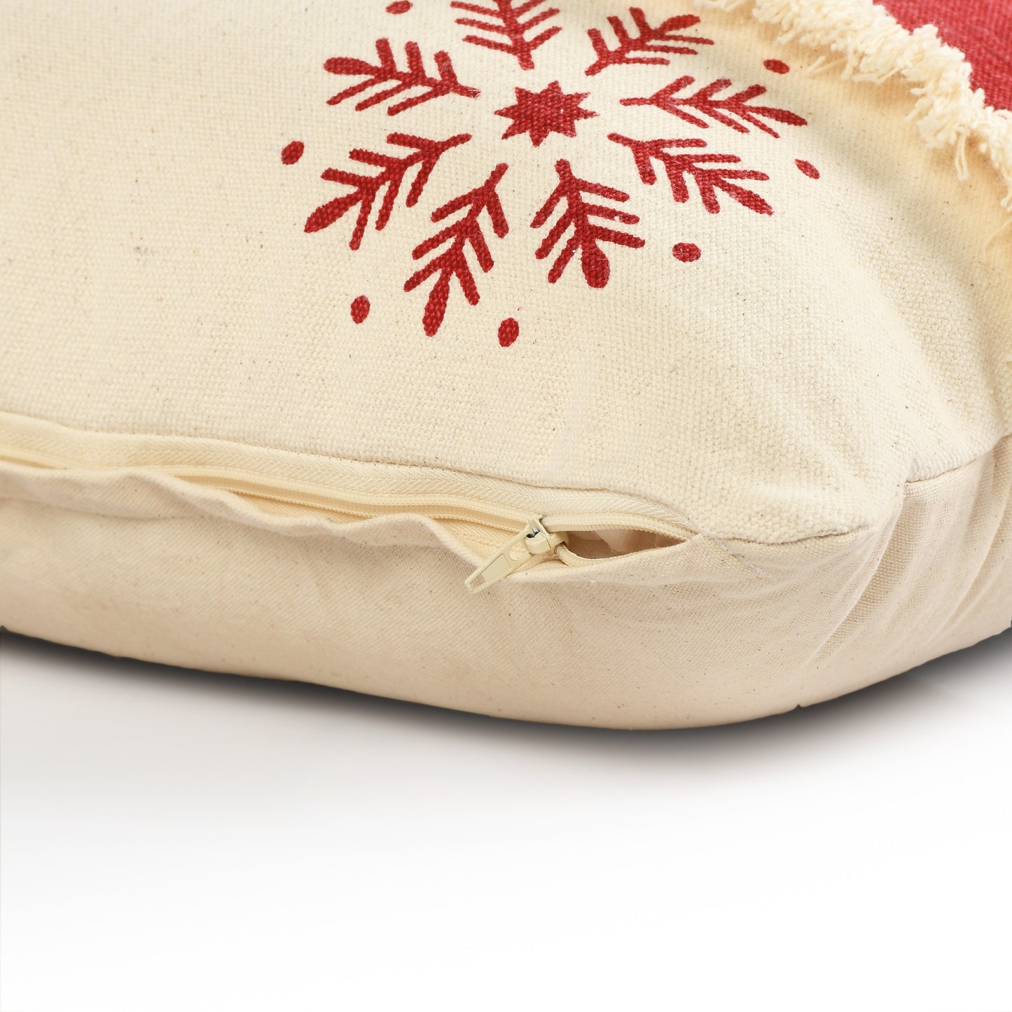 16" X 24" Red Christmas Snowflakes Cotton Abstract Zippered Pillow With Fringe