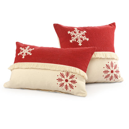 16" X 24" Red Christmas Snowflakes Cotton Abstract Zippered Pillow With Fringe