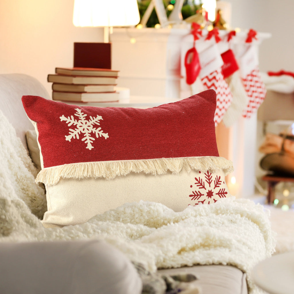 16" X 24" Red Christmas Snowflakes Cotton Abstract Zippered Pillow With Fringe