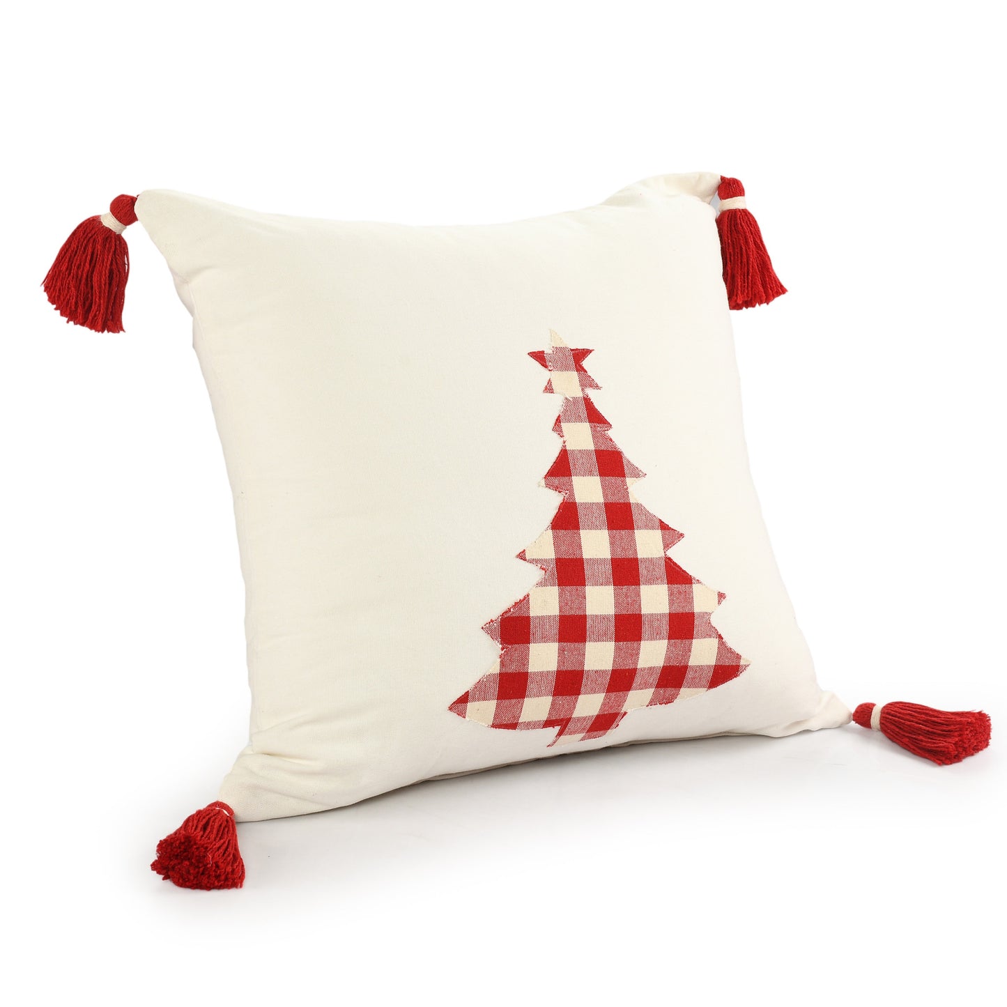 20" X 20" Red and White Christmas Tree Cotton Zippered Pillow With Tassels