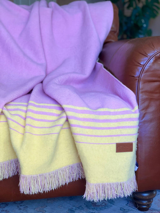 Pink and Yellow Woven Acrylic Striped Throw Blanket With Fringe