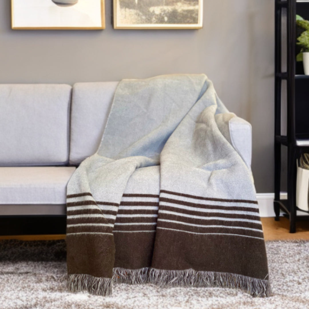 Black and Gray Woven Microfiber Striped Throw Blanket with Fringe