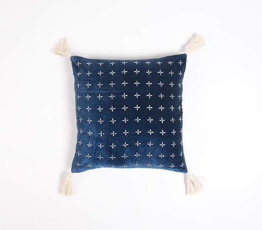 18" X 18" Blue and White Geometric Cotton Pillow Cover With Embroidery and Tassels