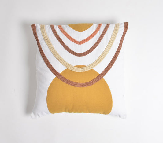 18" X 18" White and Gold Boho Cotton Pillow Cover With Embroidery