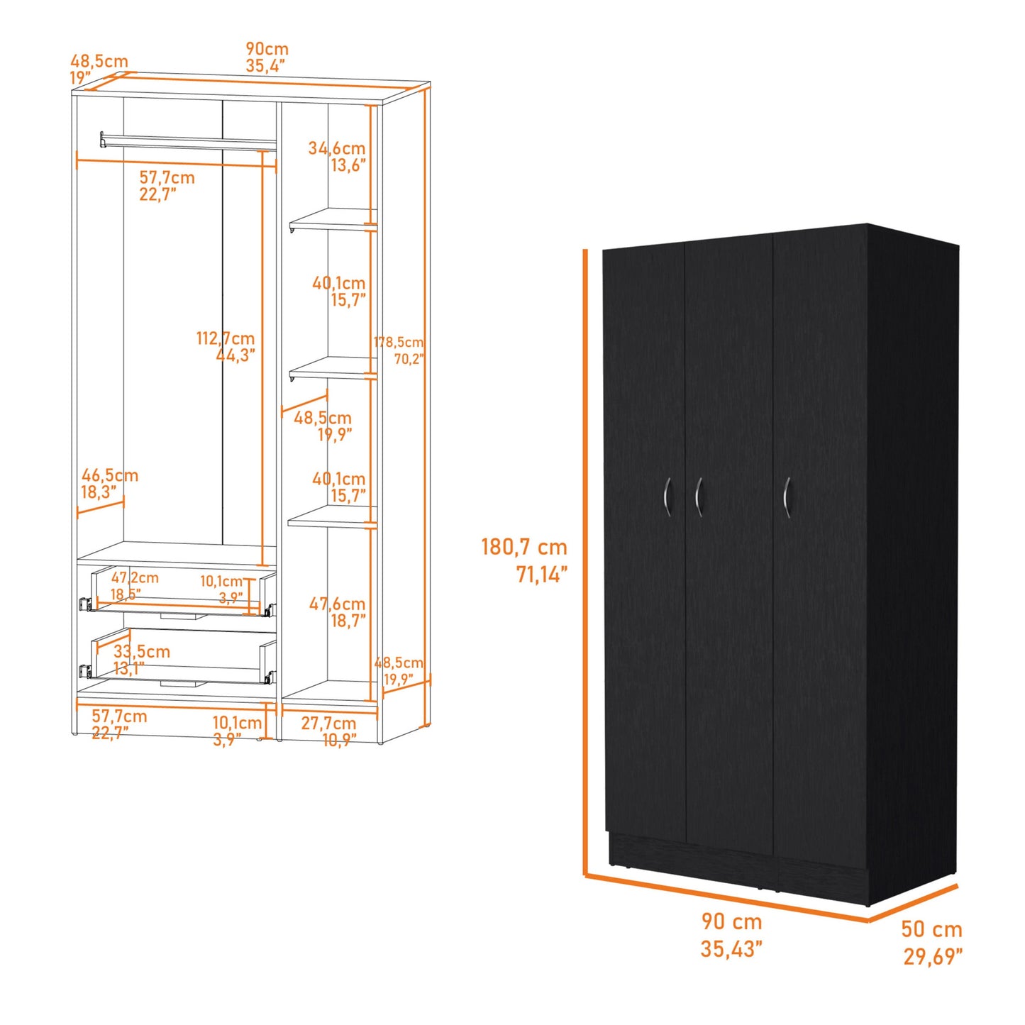 35" Black Two Drawer Combo Dresser