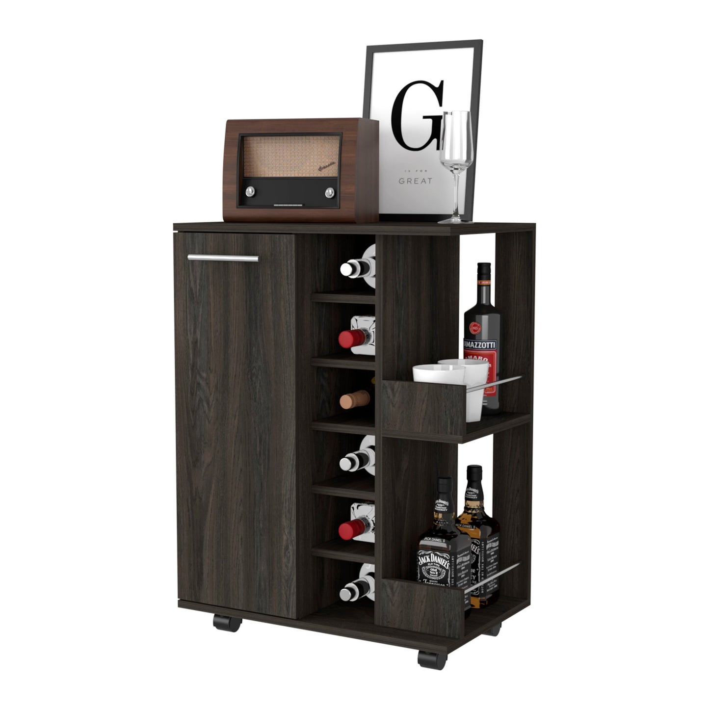 Espresso Rolling Bar Cart With Wine Storage