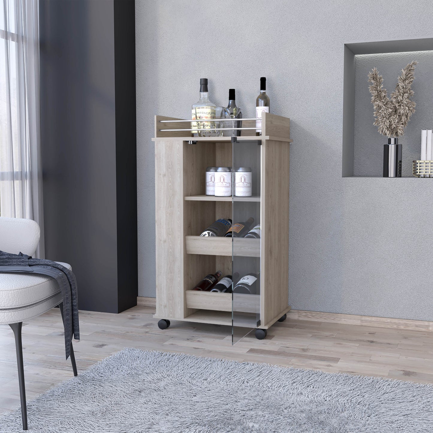 Light Gray Rolling Bar Cart With Wine Storage