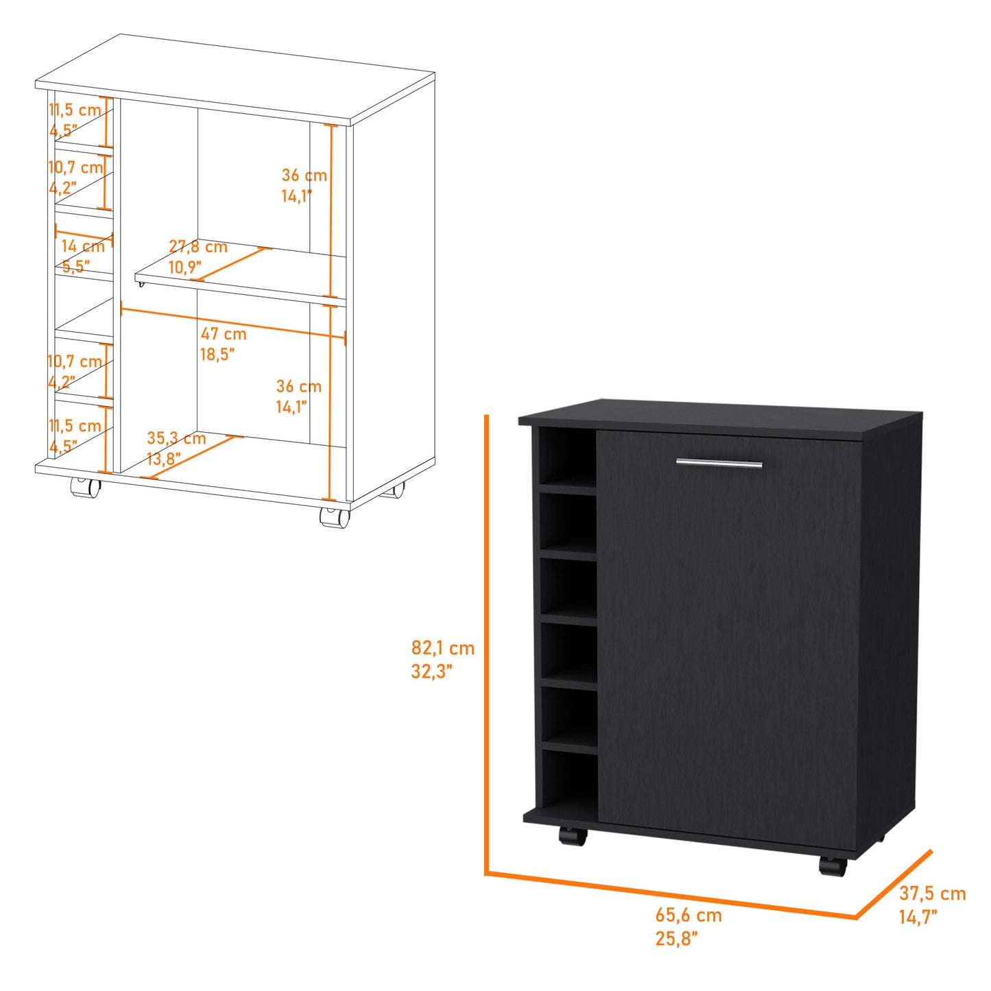 Black Rolling Bar Cart With Wine Storage