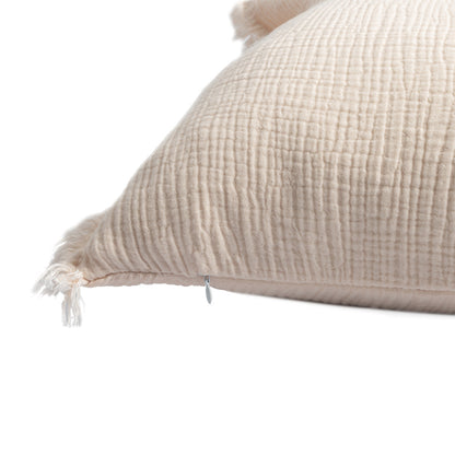 20" X 20" White Cotton Zippered Down Pillow With Fringe