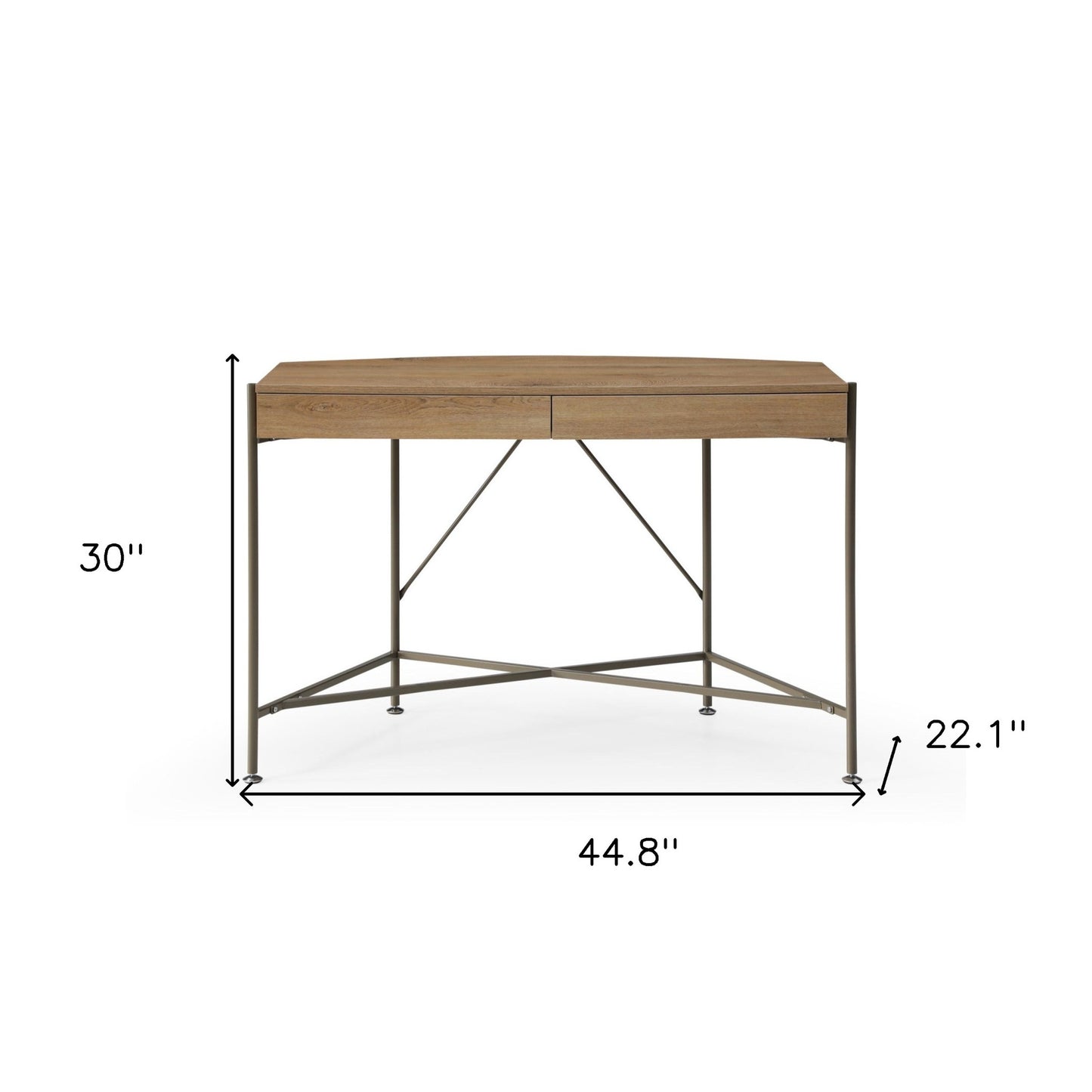 45" Natural and Bronze Half Circle Writing Desk With Two Drawers