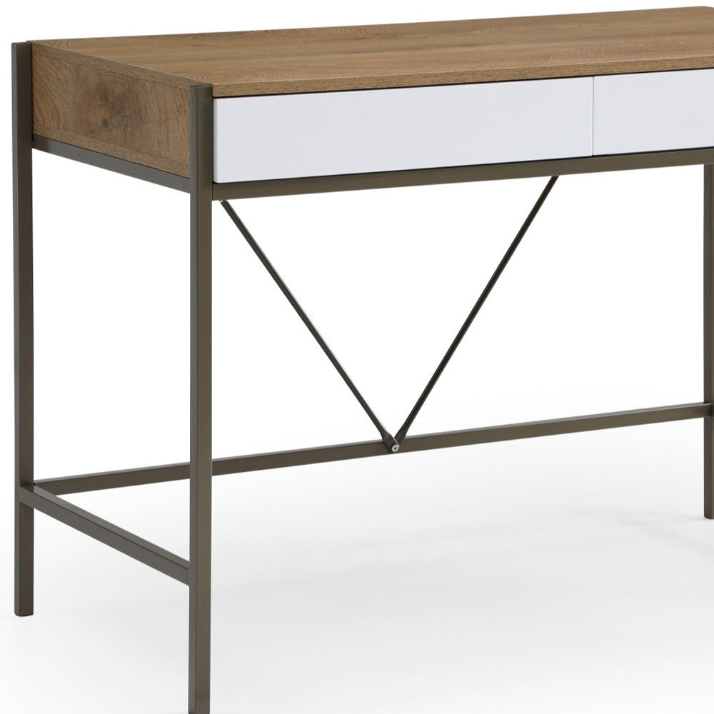 43" Natural and Bronze Writing Desk With Two Drawers