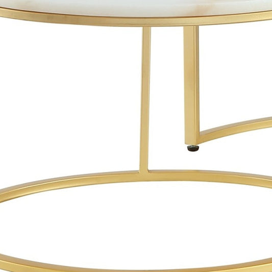 Set of Two 31" White And Gold Genuine Marble And Iron Round Nested Coffee Tables