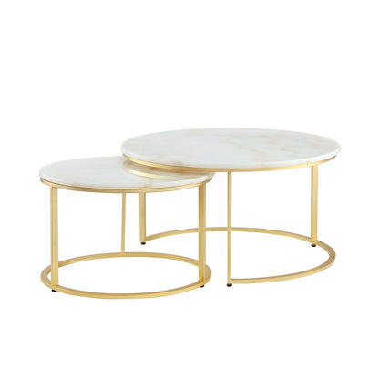 Set of Two 31" White And Gold Genuine Marble And Iron Round Nested Coffee Tables