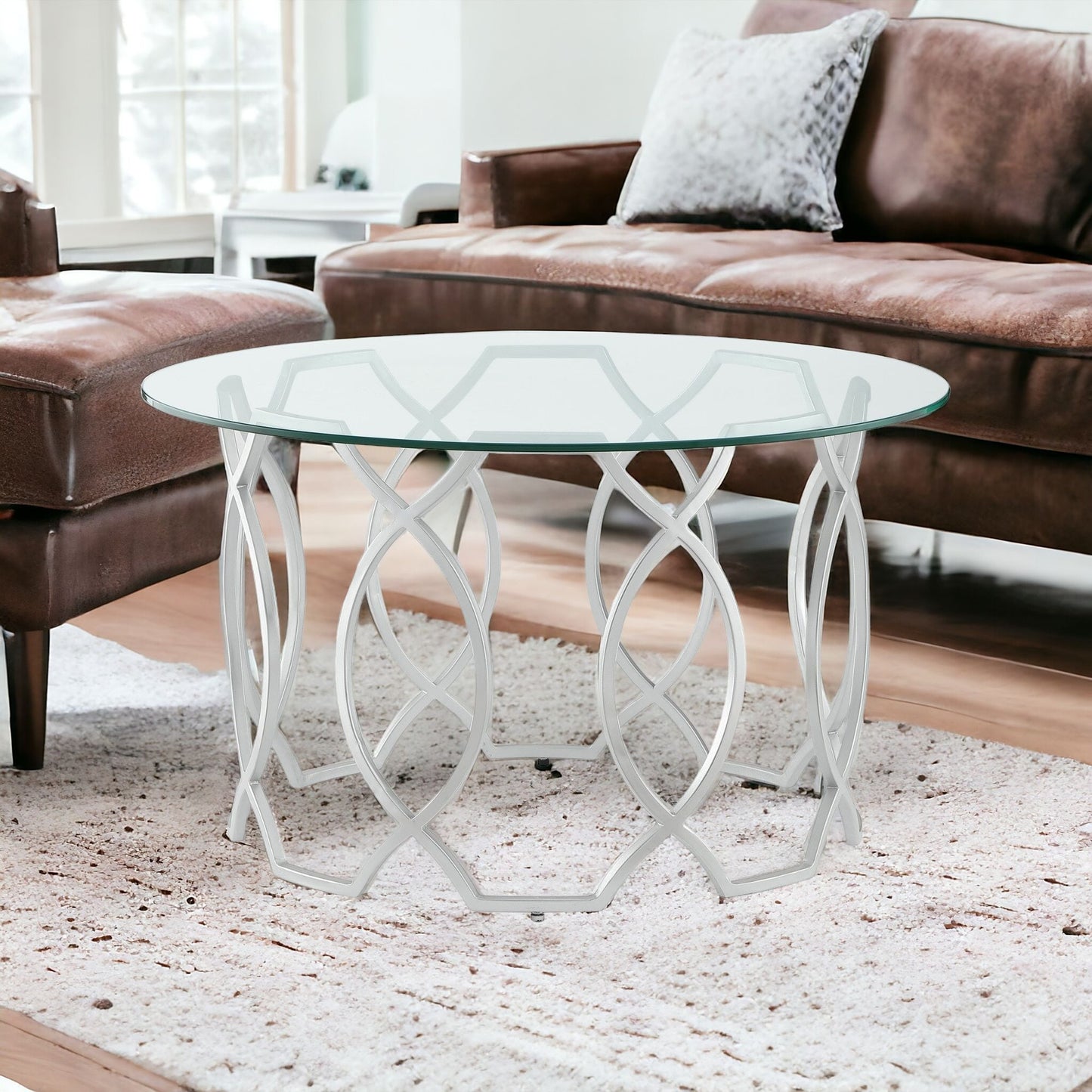 32" Clear And Gold Glass And Iron Round Coffee Table