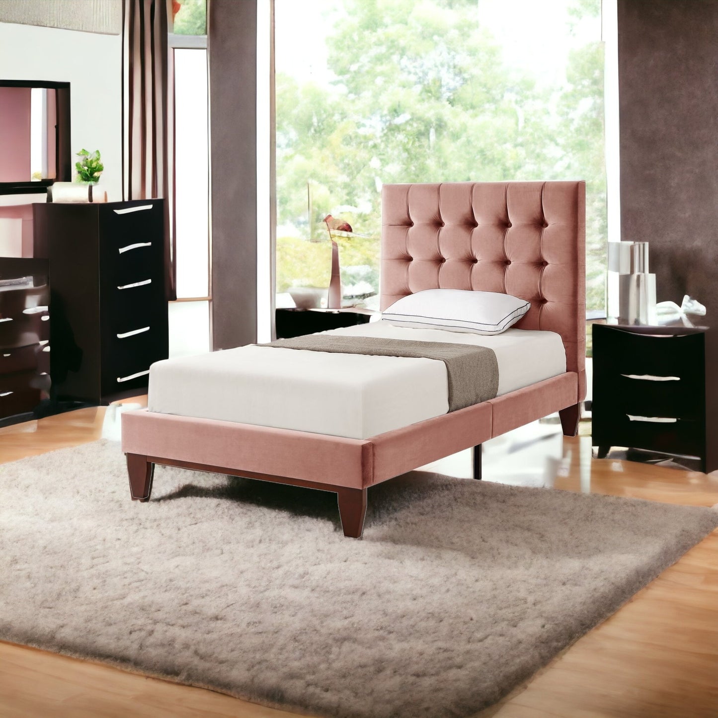 Blush Solid Wood Queen Tufted Upholstered Velvet Bed