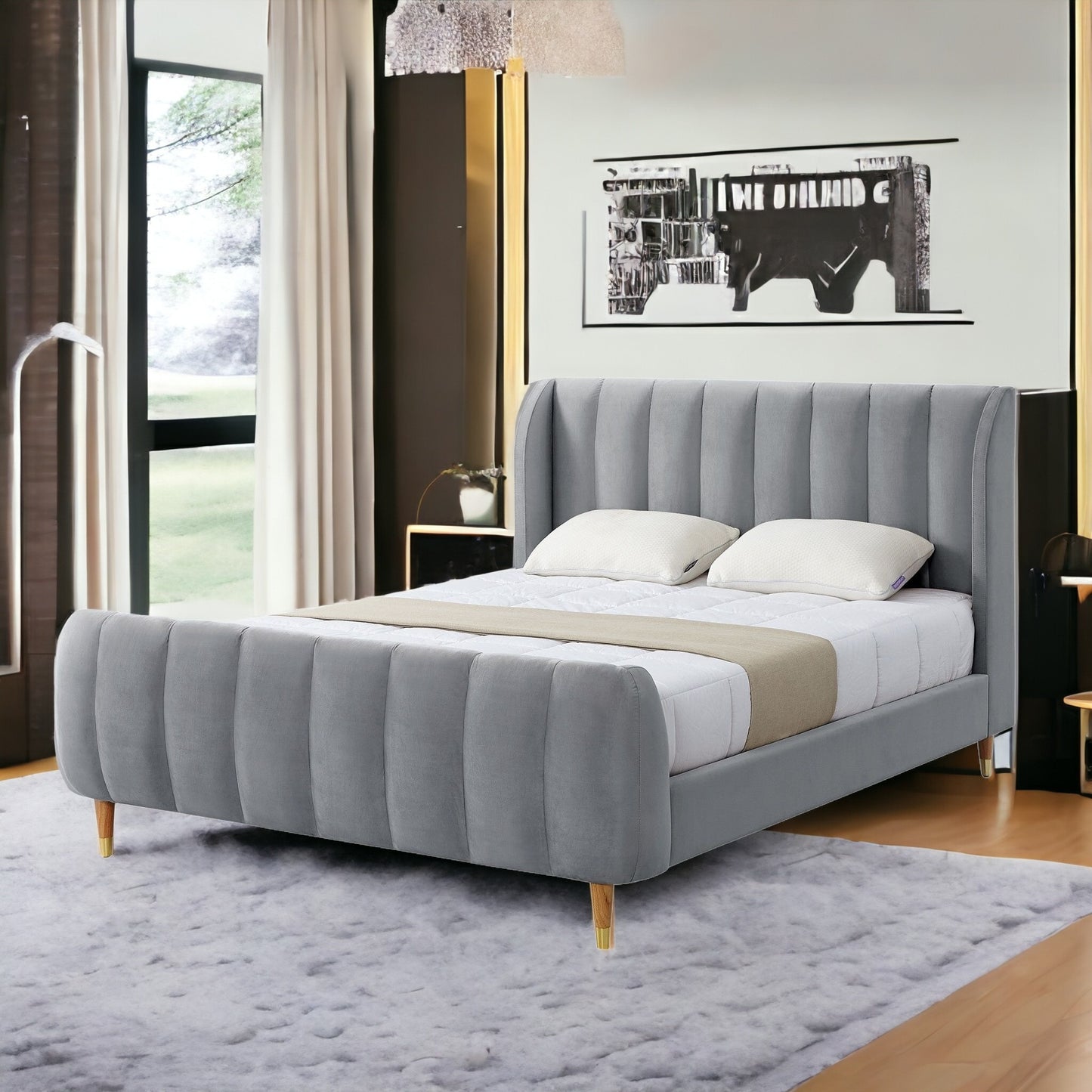 Gray Solid Wood Queen Tufted Upholstered Velvet Bed Frame