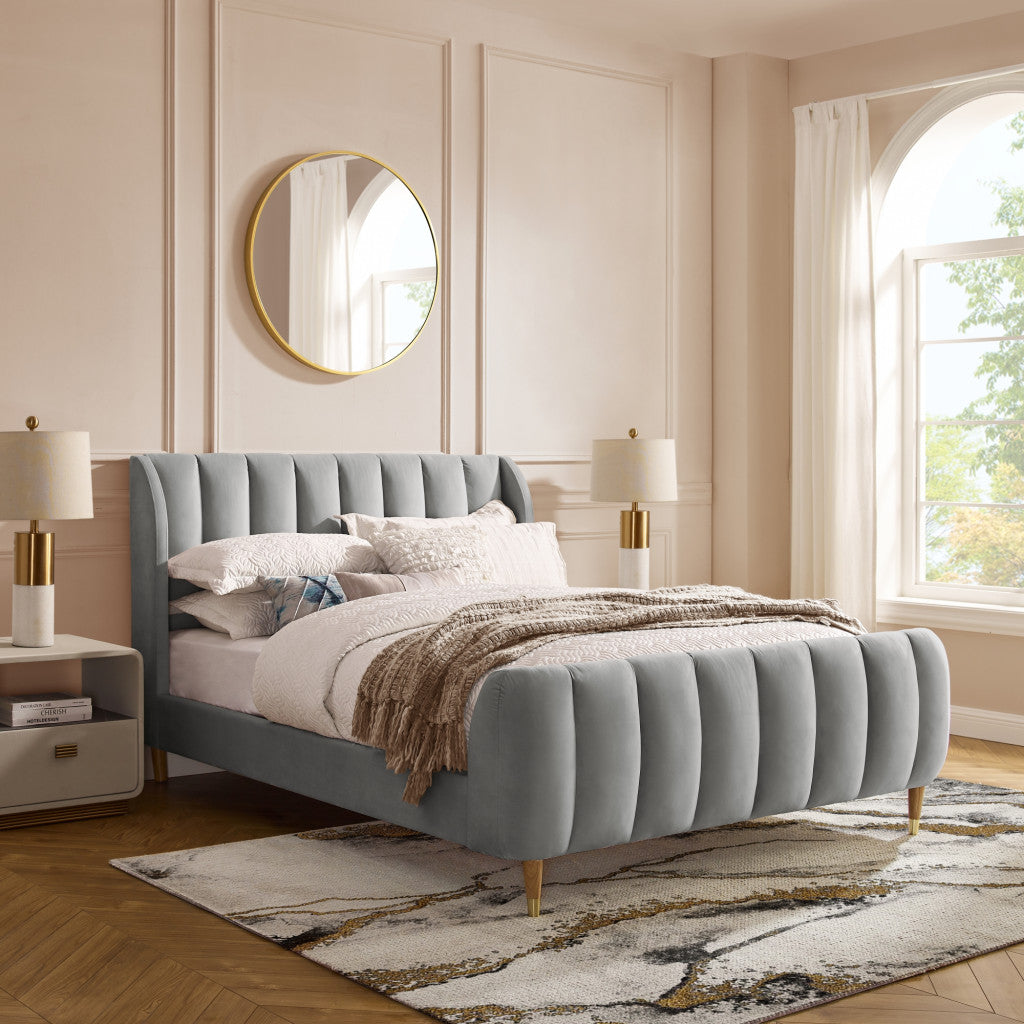 Gray Solid Wood Queen Tufted Upholstered Velvet Bed Frame