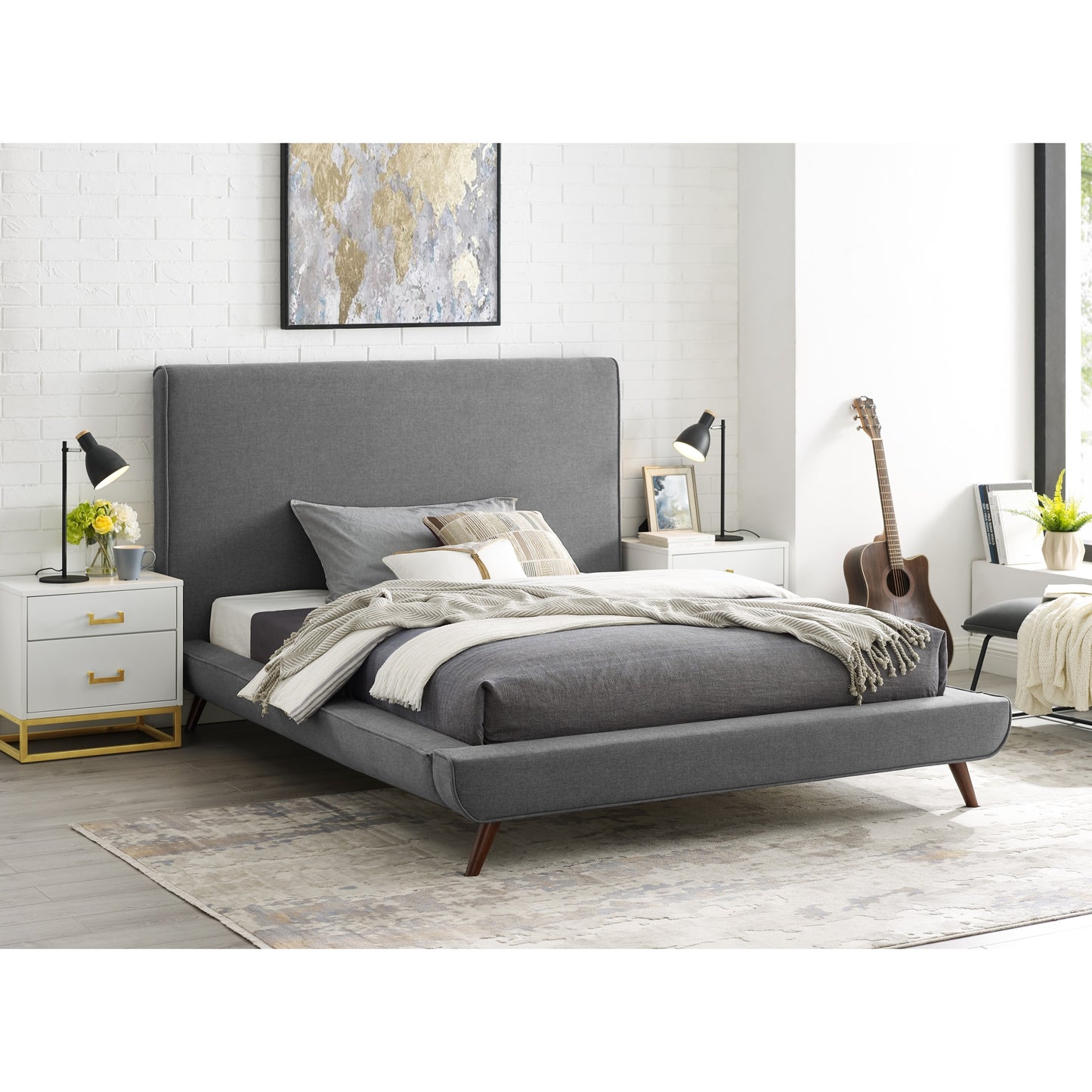 Charcoal Solid Wood Twin Upholstered Linen Bed