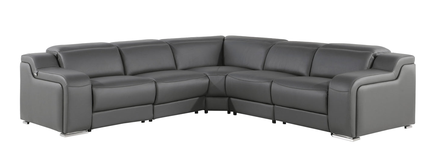 Dark Gray Italian Leather Power Reclining L Shaped Five Piece Corner Sectional