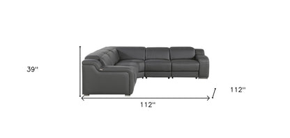 Dark Gray Italian Leather Power Reclining L Shaped Five Piece Corner Sectional