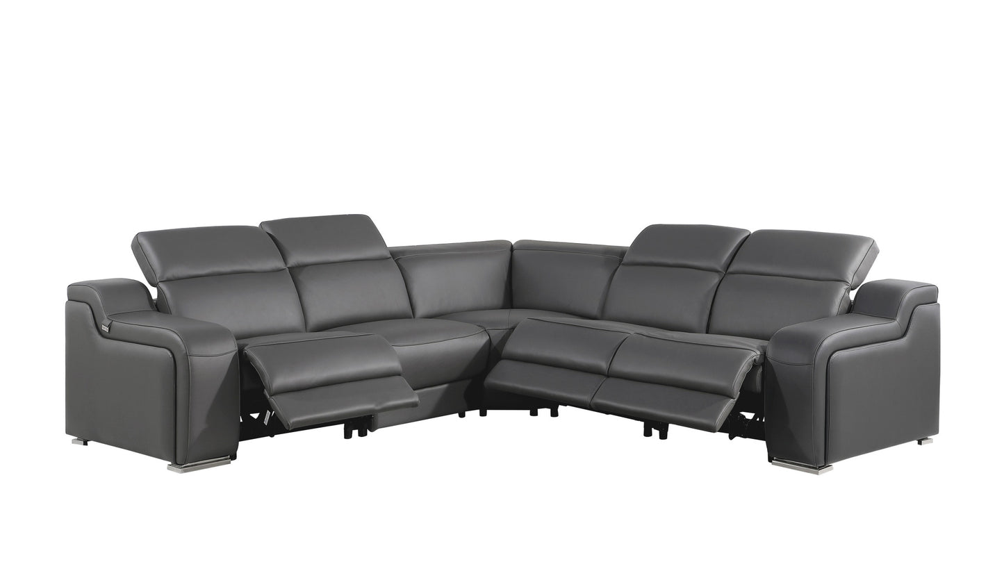 Dark Gray Italian Leather Power Reclining L Shaped Five Piece Corner Sectional