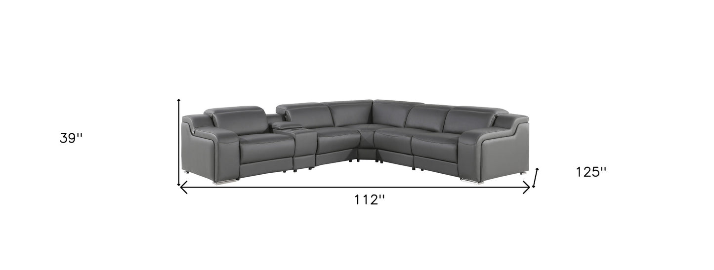 Dark Gray Italian Leather Power Reclining L Shaped Six Piece Corner Sectional With Console