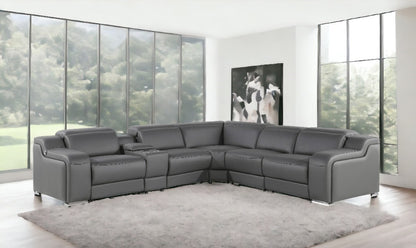 Dark Gray Italian Leather Power Reclining L Shaped Six Piece Corner Sectional With Console