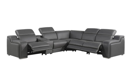 Dark Gray Italian Leather Power Reclining L Shaped Six Piece Corner Sectional With Console