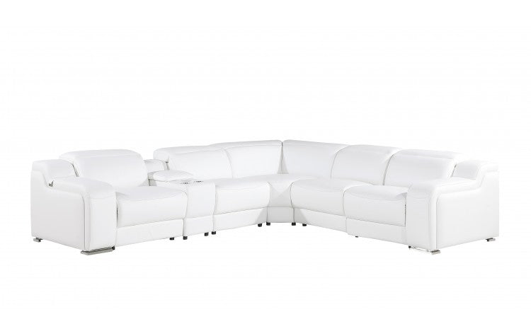 White Italian Leather Power Reclining L Shaped Six Piece Corner Sectional With Console