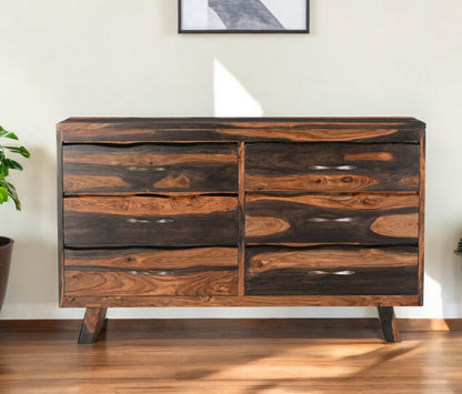 63" Dark Brown Solid Wood Live Edge Six Drawer Double Dresser