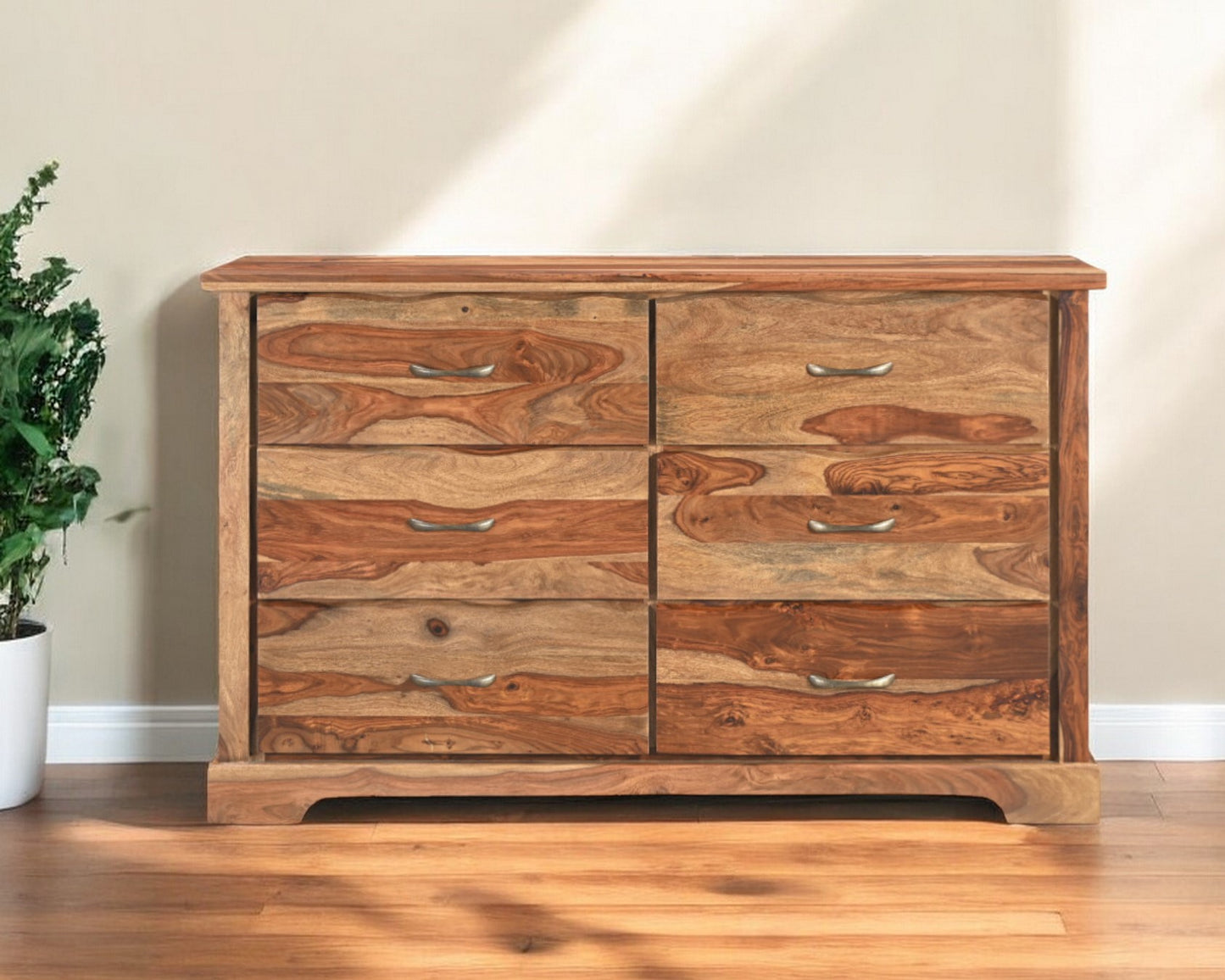 60" Brown Solid Wood Live Edge Six Drawer Double Dresser