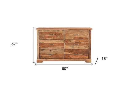 60" Brown Solid Wood Live Edge Six Drawer Double Dresser