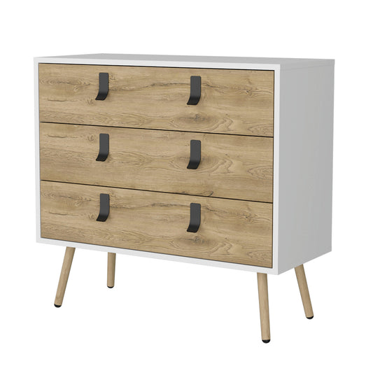 32" White and Natural Three Drawer Dresser