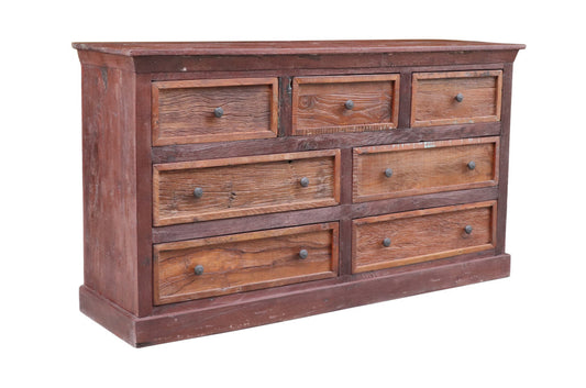 64" Brown Distressed Solid and Reclaimed Wood Seven Drawer Double Dresser