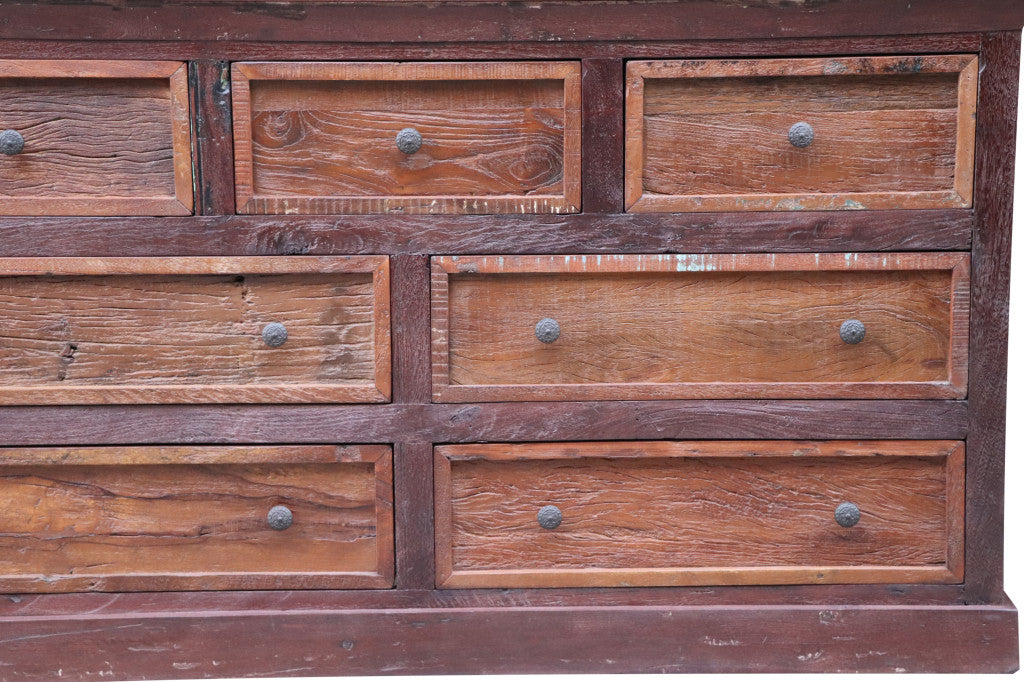 64" Brown Distressed Solid and Reclaimed Wood Seven Drawer Double Dresser