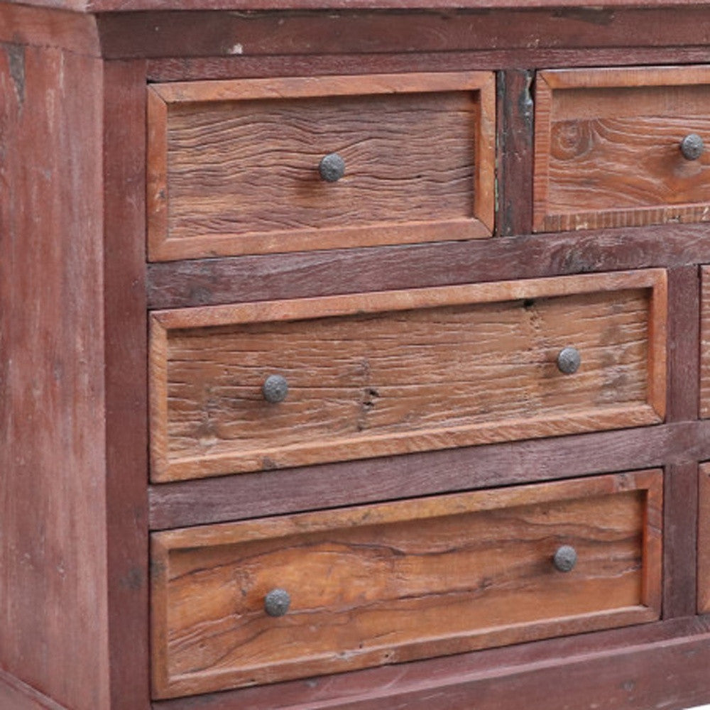 64" Brown Distressed Solid and Reclaimed Wood Seven Drawer Double Dresser