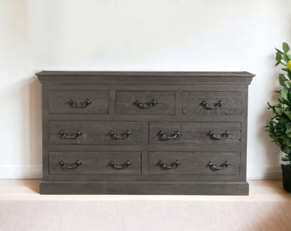 64" Gray Distressed Solid and Reclaimed Wood Seven Drawer Double Dresser