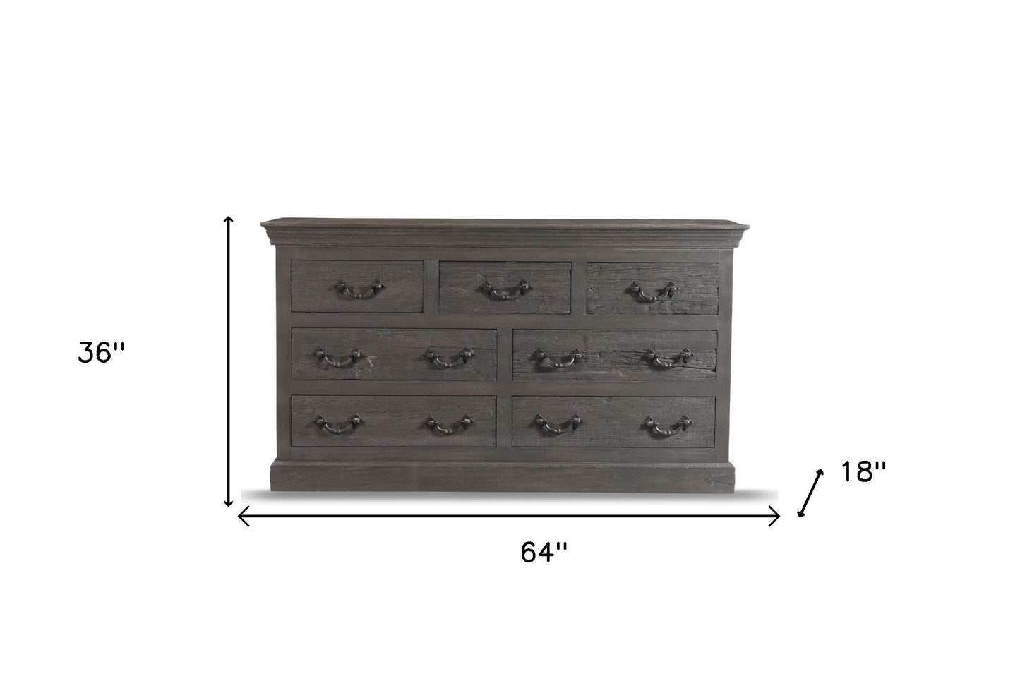 64" Gray Distressed Solid and Reclaimed Wood Seven Drawer Double Dresser