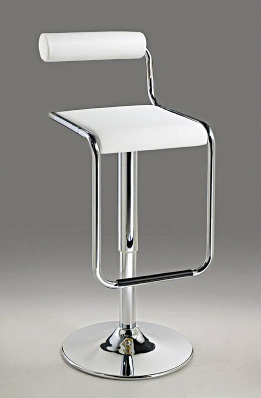 White And Silver Faux Leather And Metal Low Back Adjustable Height Bar Chair