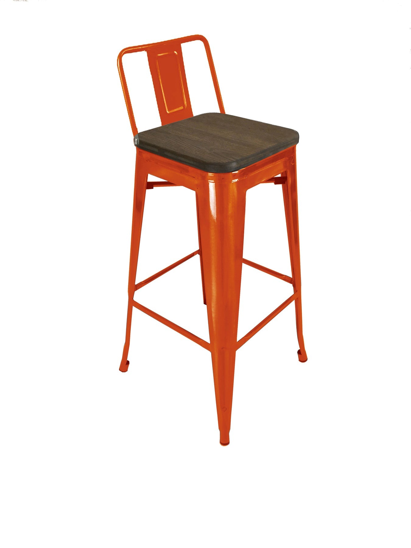 Set of Four 30" Brown And Orange Wood And Steel Low Back Bar Height Bar Chairs