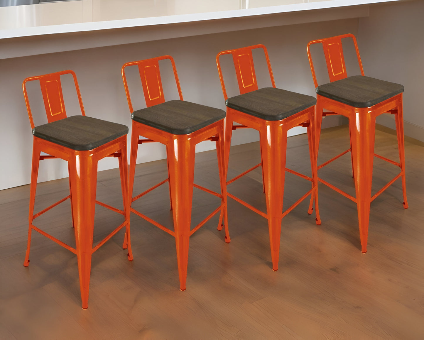 Set of Four 30" Brown And Orange Wood And Steel Low Back Bar Height Bar Chairs