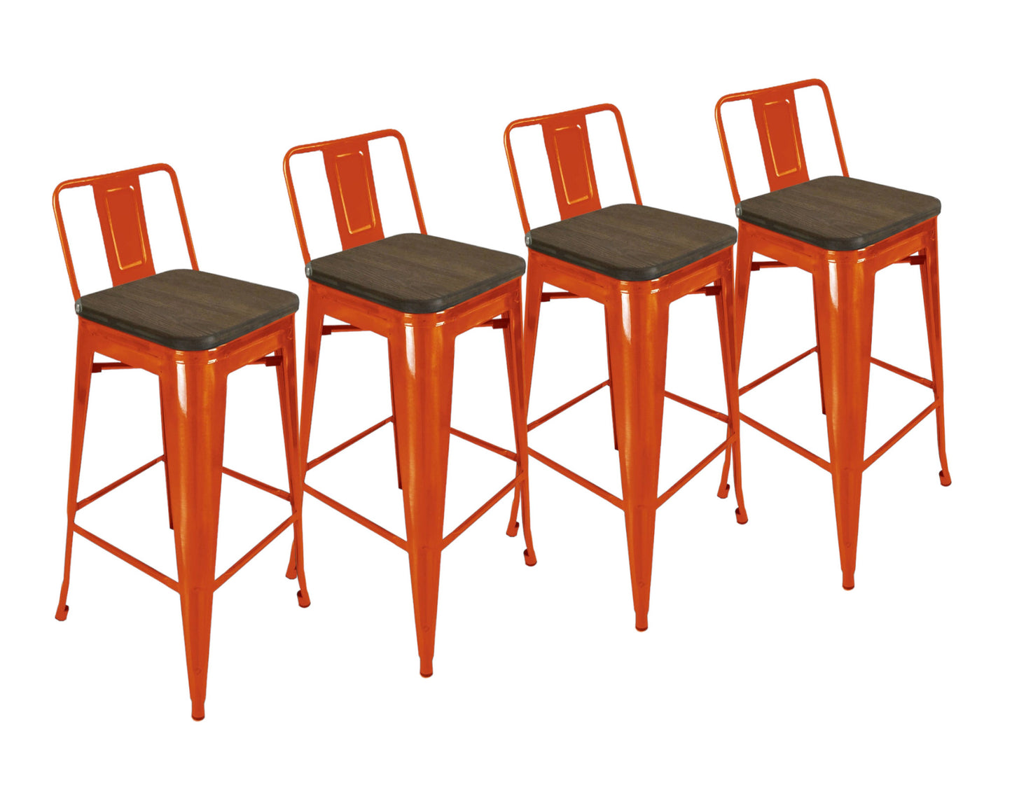 Set of Four 30" Brown And Orange Wood And Steel Low Back Bar Height Bar Chairs