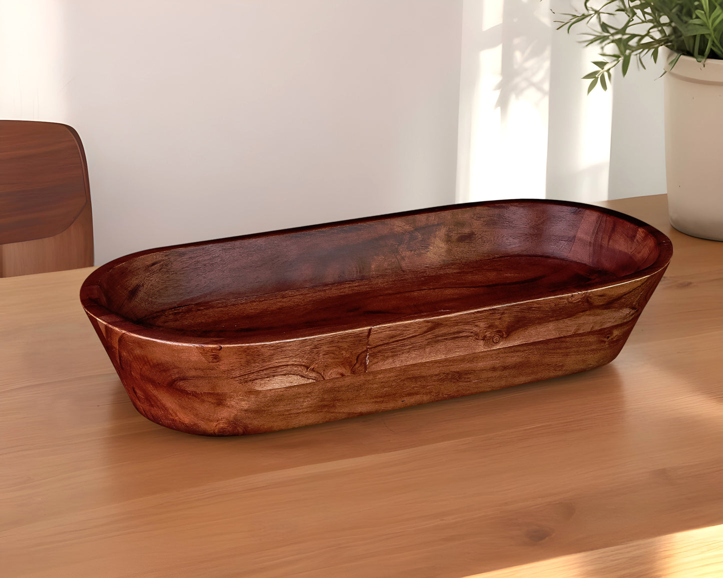 17" Dark Brown Acacia Wood Oval Centerpiece Dough Bowl