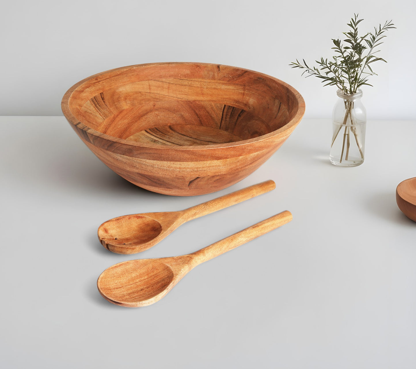 Three Piece Natural Acacia Wood Salad Bowl and Servers Set