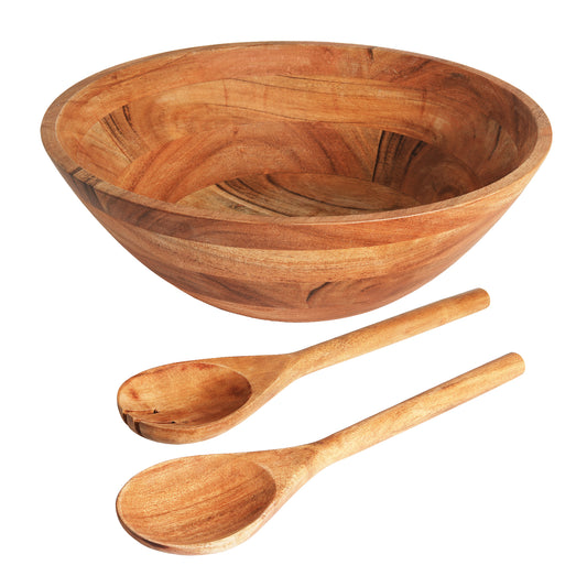 Three Piece Natural Acacia Wood Salad Bowl and Servers Set