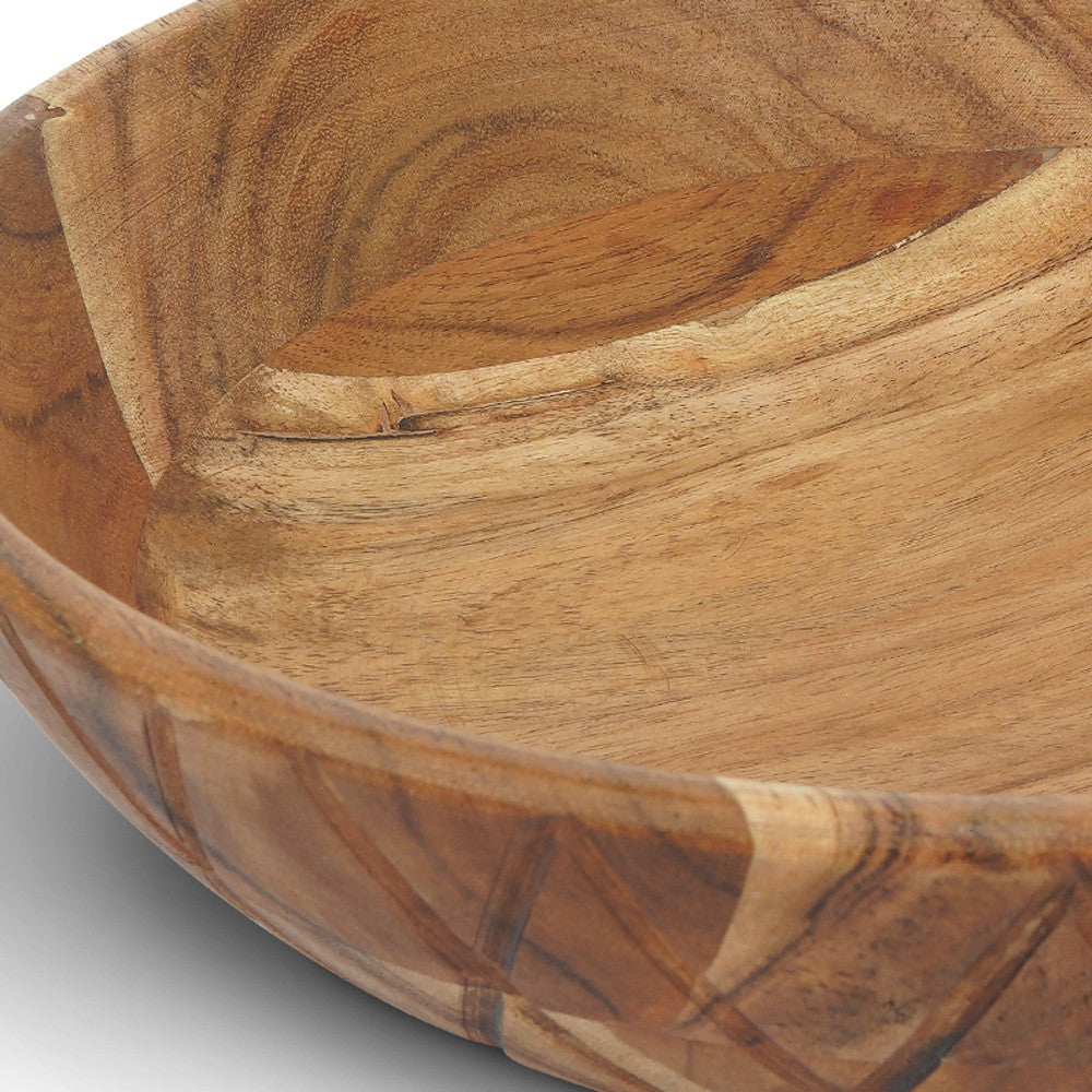 12" Natural Geo Carved Edge Wood Low Centerpiece Bowl