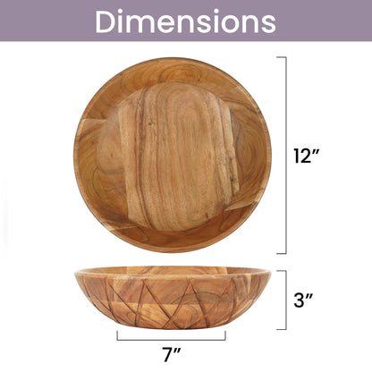 12" Natural Geo Carved Edge Wood Low Centerpiece Bowl