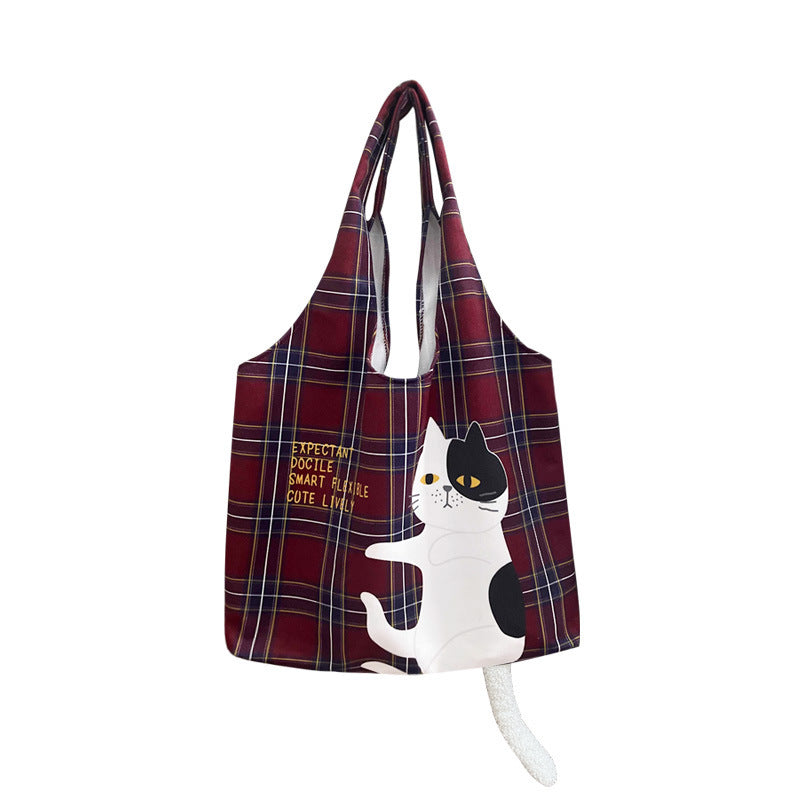 Scottish Plaid Flocking Cat Printing Handbag Vintage