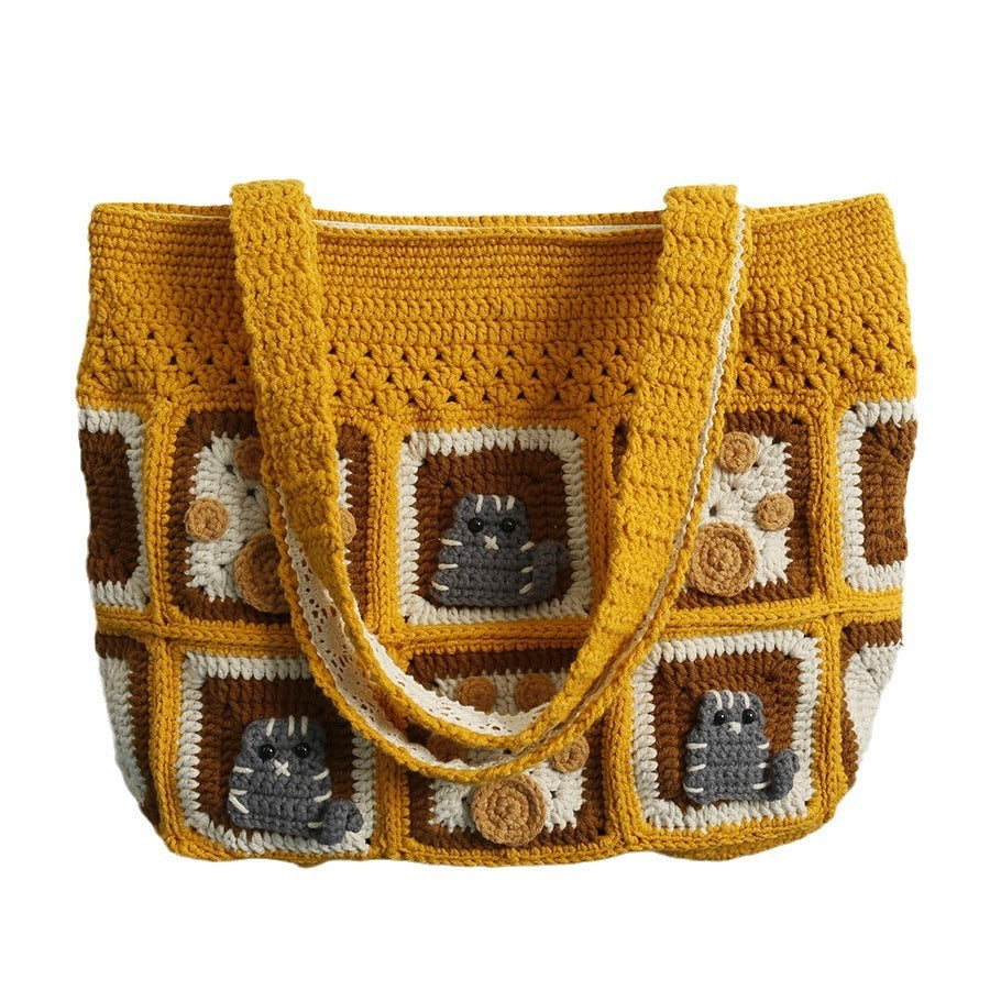 Kitten Handmade Wool Crocheted Square Tote Bag