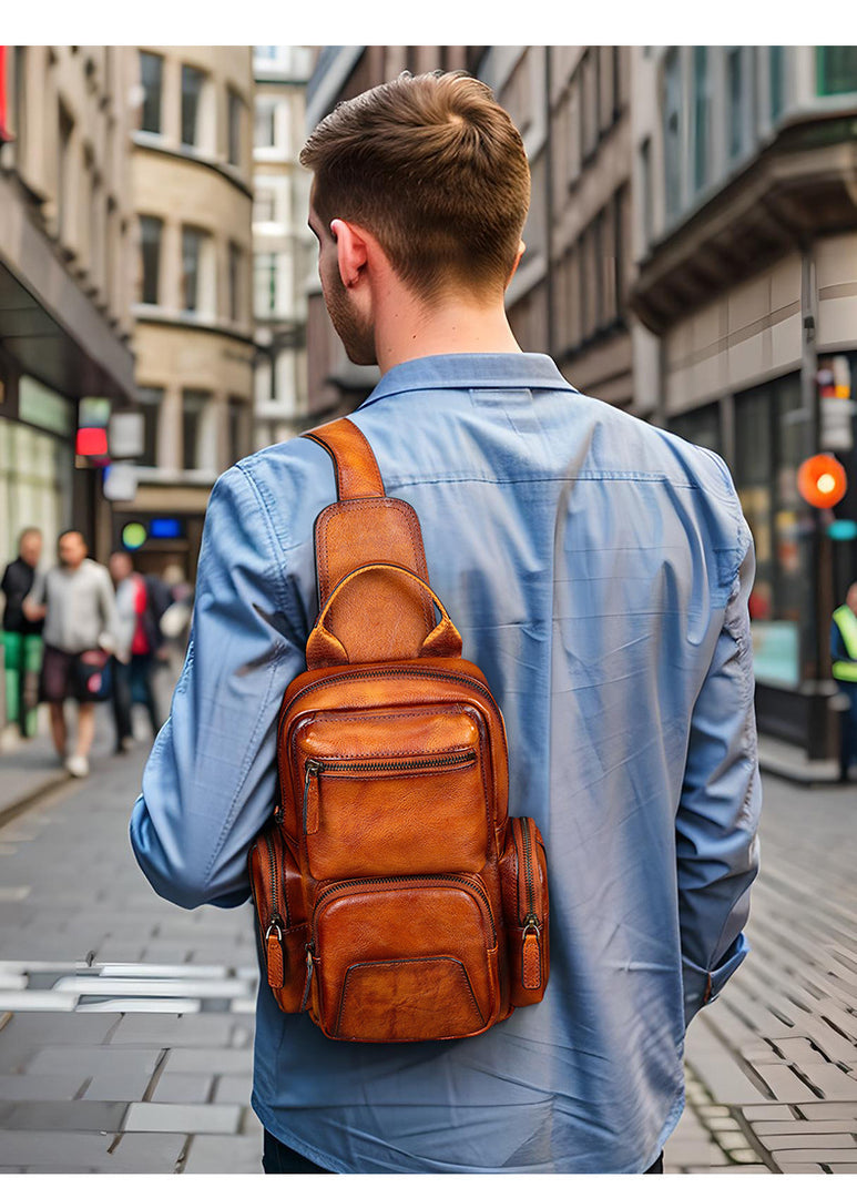 Men's Casual First Layer Cowhide Small Crossbody Chest Bag